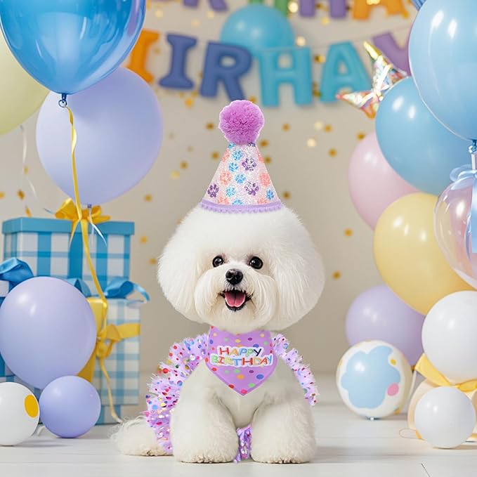 Dog Birthday Bandana with Hat and Dress Girl Set Puppy Birthday Party Supplies Cute Tutu Skirt Outfit for Small Medium Large Dogs Decorations(Purple) (Light Purple)