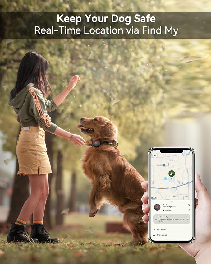 Location Tracker Tag for Dogs & Cats with Silicone Collar Holder, Works with Apple Find My & Android Find Hub, IP67 Waterproof Bluetooth Anti-Lost Locator (Black – Pet Collar Case, 1 Pack)