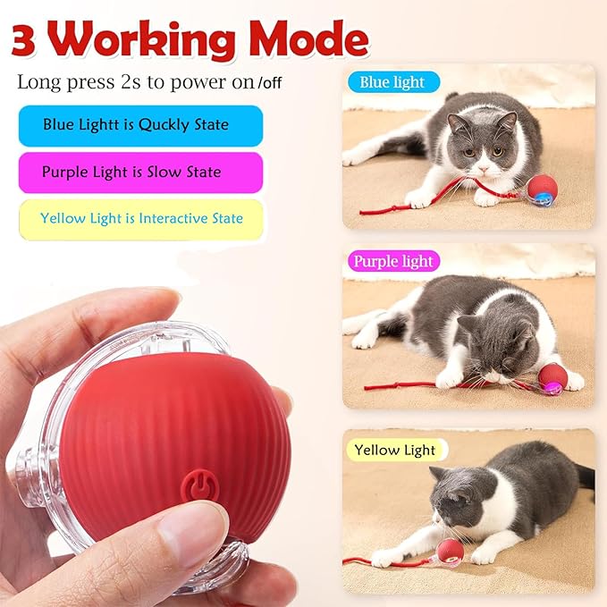 Automatic Interactive Rolling Cats Dog Toys Ball for Indoor- Rechargeable Activate Cat Dog Pet Toy for Indoor, Self-Playing Automatic Moving Kitten Toys for Cats, Durable and Safe Material (Red)