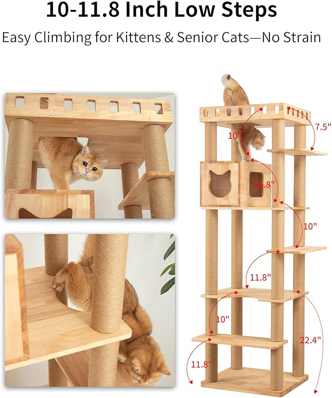 74" Wooden Cat Tree Tower for Large Cats, Multi-Level Cat Climbing Furniture with Scratching Posts, Cat Condo & Hammock, Natural Wood Cat Activity Center(Brown)