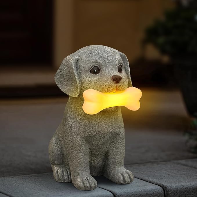 Solar Dog Statue with Glowing Bone Light, Outdoor Puppy Figurine for Garden Yard Decor, Gift for Dog Lovers, Mom, Grandma, Perfect for Birthday, Housewarming, Pet Memorial