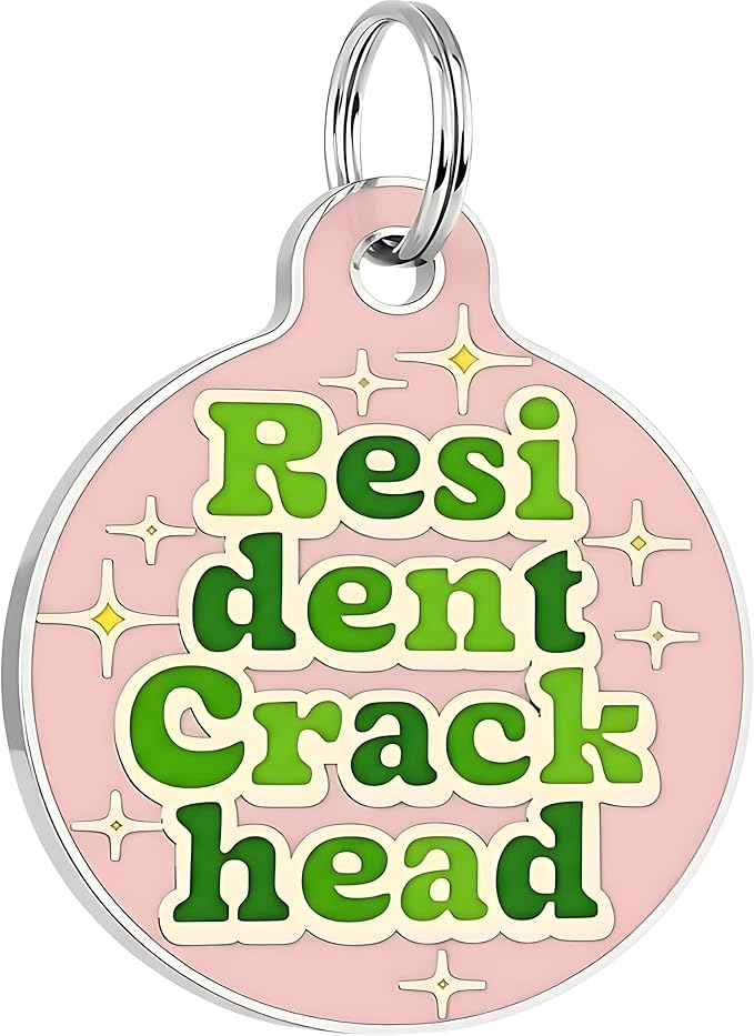 Bad Tags Personalized Dog and Cat ID Tags in 25+ Designs and 2 Sizes - 5 Lines of Custom Engraved Text - Funny Cute Personalized Pet Tags (Resident Crackhead - Pink, Small (1 inch))