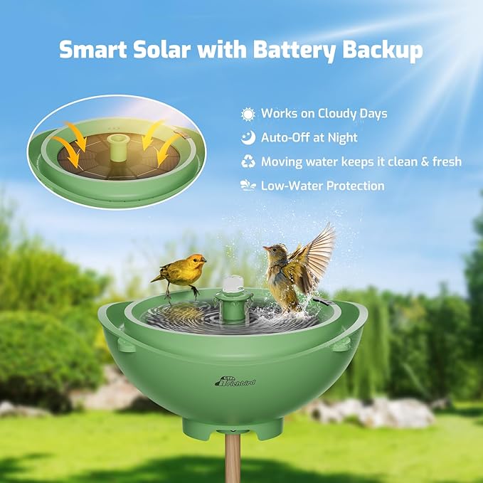 Solar Bird Bath with Fountain and Battery Backup, 3-in-1 Hanging or Freestanding Birdbath, Low-Water Protection & 3 Nozzles for Garden Patio Decor (Forest Green)