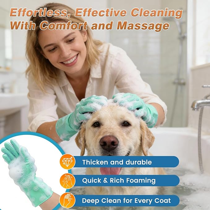 7PCS Dog Washing Gloves | Dog Bath Brush | Storage Bag | Dog Finger Toothbrush for Short & Long Haired Dogs & Cats | Efficient Deshedding Bathing & Massaging, Suitable for Pets (Sage Green)