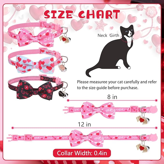 KOOLTAIL Pink Cute Cat Collars Breakaway with Bowtie and Bells, 3 Pack Girl Kitten Collars, Adjustable Safety Buckle Heart Charm Pendant Pet Collars for Kitty Boys Girls Cats Holiday