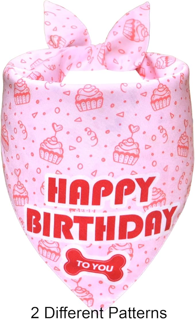 Dog Birthday Bandana Girl for Medium Large Dogs, Reversible 2 Patterns in 1, White & Pink Confetti Scarf, Puppy Party Outfit Gift (14-18" Neck)