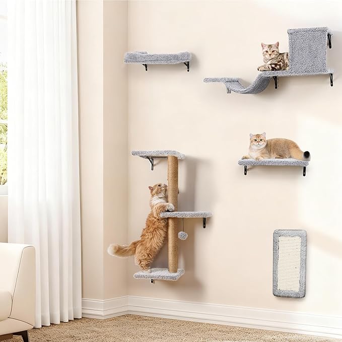 5-in-1 Cat Wall Shelves, Multi-Level Cat Climbing Furniture, Perch & Lounge for Indoor Cats, Space-Saving Wall Mounted Shelves for Play & Rest (Natural Wood) - Light Gray