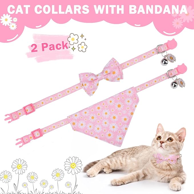 SCENEREAL Spring Cat Collar Breakaway with Bells, 2 Pack Cute Flower Pet Collar with Removable Bow Tie and Bandana, Adjustable Safety Buckle with Daisy Pendants for Girl Cats Kitten