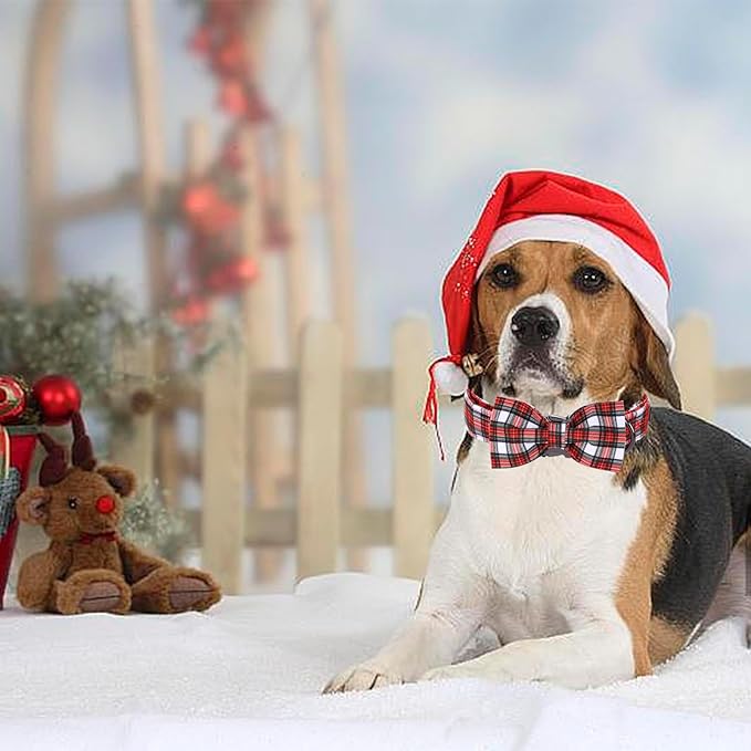 Christmas Dog Collar, Red Plaid Cotton Collars with Bow Adjustable Pet Collar Premium Metal Buckle, Christmas Puppy Necklace for Large Girl and Boy Dogs
