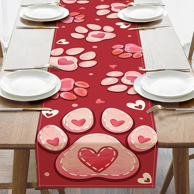 Valentines Day Dog Cat Paw Prints Table Runner, Red Love Hearts Kitchen Dining Table Decoration Pet Lover Gift, Anniversary Wedding Burlap Indoor Outdoor Home Decor Party Supply 13 x 90 Inches