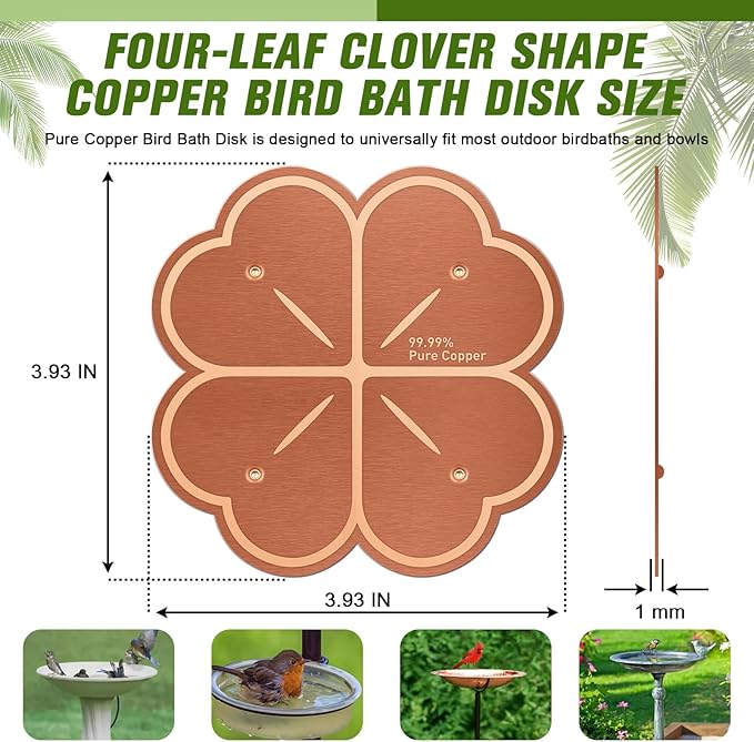 Bird Bath Copper Disk,Four-Point Support Design 99.99% Pure Copper Cleaning Disk 1 mm Thick Universal fit for Outdoor Bird Baths, Physical Safe Providing Clean Water for Bird Bowls All-Season