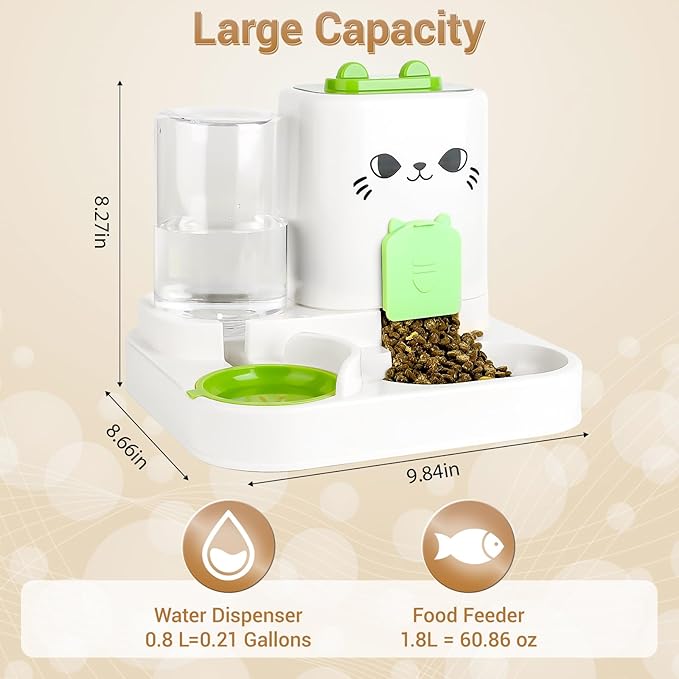 2-in-1 Gravity Pet Feeder & Water Dispenser for Cats Dogs - Large Capacity Cat Food Station with Water Bowl, Travel-Friendly (Green)