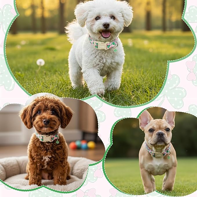 St. Patrick's Day Dog Collar,Pink Bow with Lucky Shamrock Puppy Collar,Adjustable Spring Cotton Collars Gifts for Small Medium Large Dogs,Dog Accessories XS