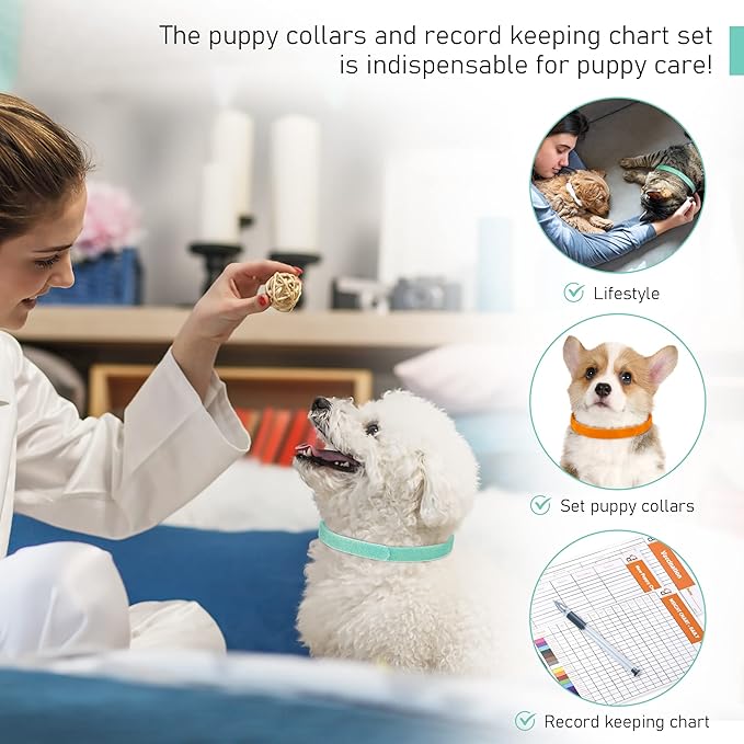 GAMUDA 15Pcs Newborn Puppy Collars, Super Soft Nylon Adjustable Whelping ID Bands, Assorted Colors Litter Identification Set with 6 Record Keeping Charts