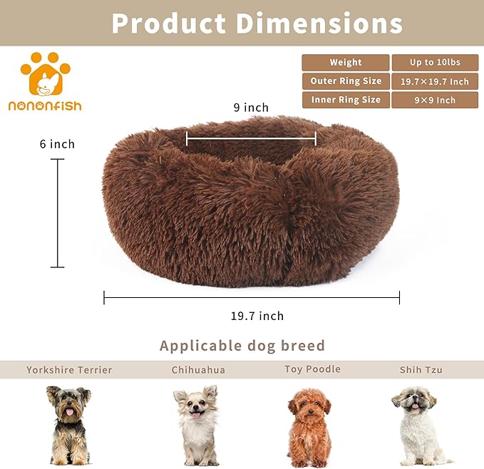 Calming Donut Dogs Beds for Small Dogs Washable,19inch Fluffy Round Puppy Bed for Puppies,Cats & Toy Breeds with Raised Rim,Fits up to 15 lbs Pets,Chocolate Brown