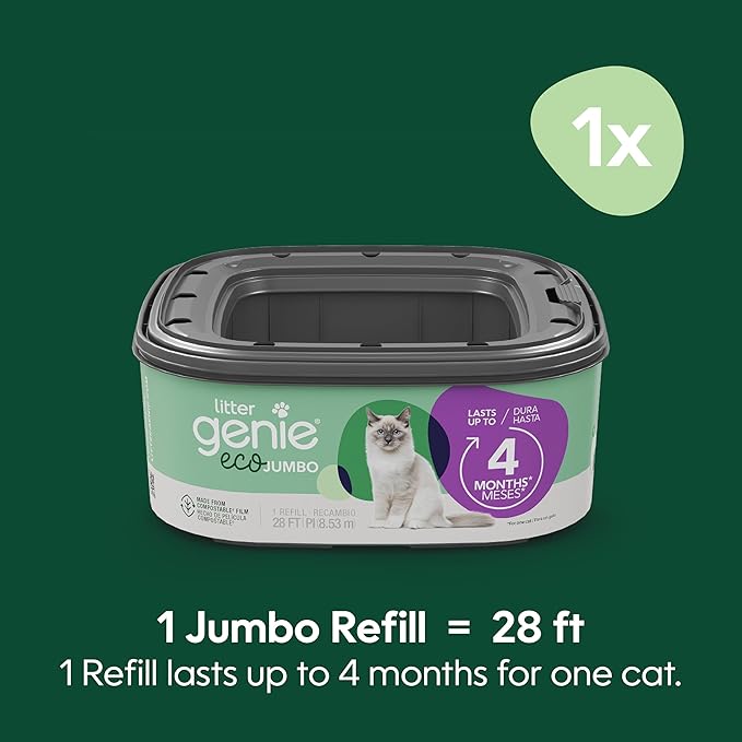 Litter Genie Eco Refills | Compostable Cat Litter Bags Jumbo 1-pack | Up to 4 Months of Supply in 1 Cartridge