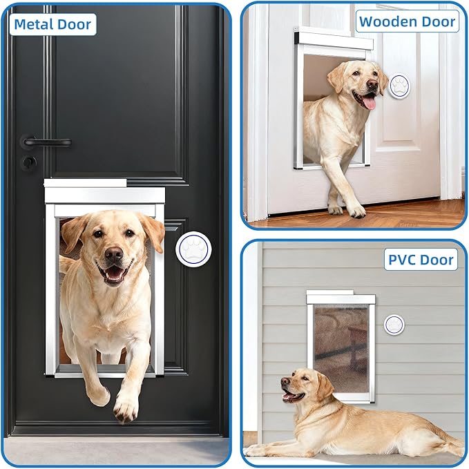 Automatic Dog Door with Doorbell Activation, 2-Flap Electronic Smart Pet Door with Anti-Pinch, No Collar Needed, Aluminum Lockable Weatherproof Telescoping Tunnel for Pets Up to 40 LB- M