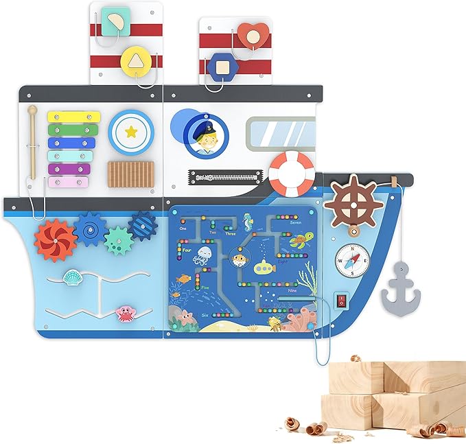 BlueWood Wooden Wall Busy Board Panels, Toddler Learning Activity Center, Montessori Philosophy Sensory, Educational Toys, Conducive to All-Round Development - Ship