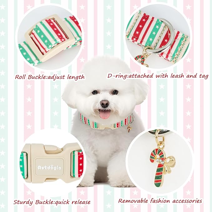 Polyester Collar for Dog, Adjustable Christmas Dog Collar for Extra Medium Dogs, Cute Dog Collar with Green & Red Stripe for Small Medium Large Dogs, Perfect for Girl or Boy Dog Collar-M