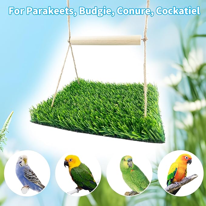 FlidRunest Bird Swing Mat with Wood Perch, Lawn Swing Hammock for Parrot, Simulated Grass Bird Swing Mat Hanging Climbing Hammock for Parakeet, Budgie, Conure, Cockatiel, Lovebird, Canary