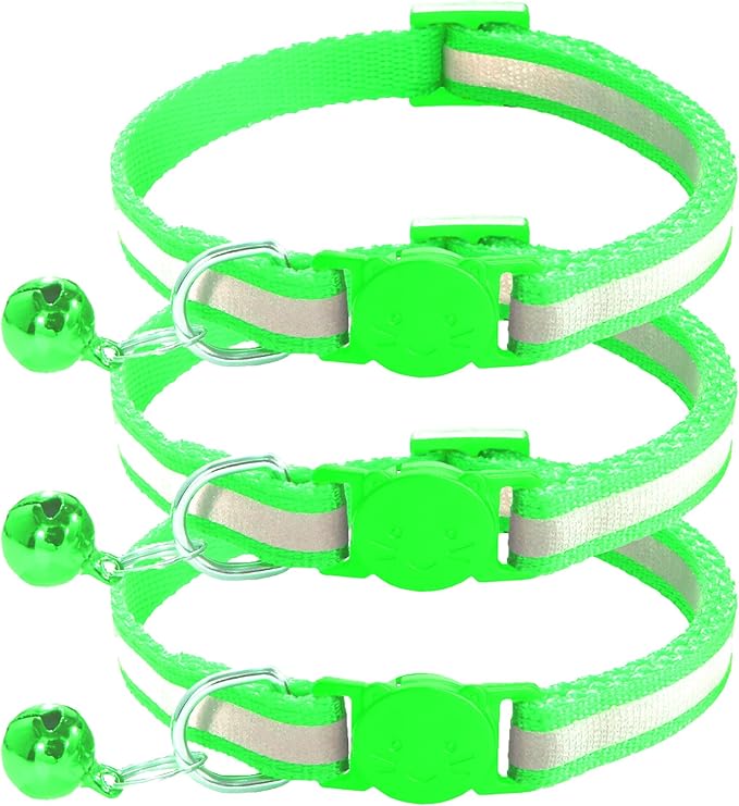 3 Pack Reflective and Breakaway Cat Collars with Bells，Adjustable Kitten Collars from 7.5 to 12.5 Inches, Ideal of Kitten Collar, Suitable for Girls and Boys(Green)