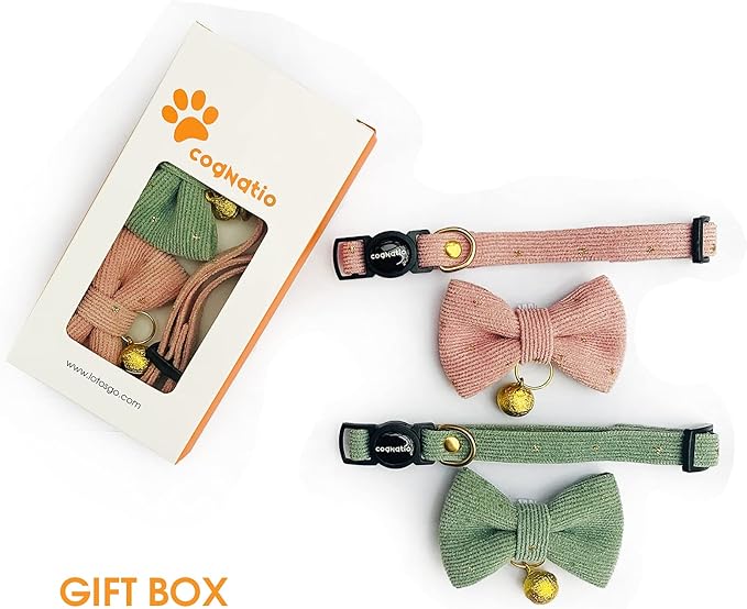 Safety Quick Release Cat Collars, Soft Kitten Collars with Detachable Bow Tie and Bell, Pack of 2, Adjustable 20-30 cm