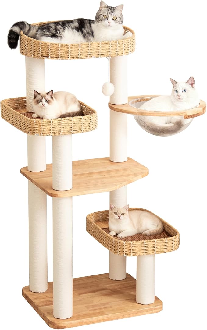 48'' Cat Tree for Large Cats, Modern Cat Tree Multi-Level Condo with Natural Wood, Cat Activity Centre for Medium and Big Pets (White LS02)