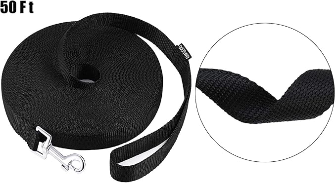 AmaGood Dog/Puppy Obedience Recall Training Agility Lead-15 ft 20 ft 30 ft 50 ft Long Leash-for Dog Training,Tie Out,Play,Safety,Camping (50 feet, Black)