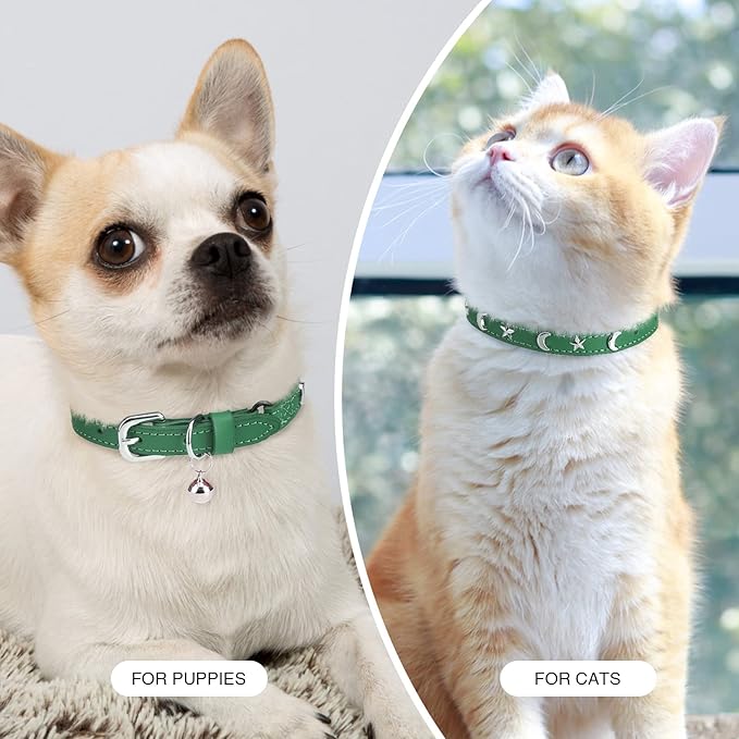Leather Cat Collars for Boy Girl Cats with Bell and Safety Elastic Belt, Personalized Star and Moon Stud Adjustable Safe Buckle Collar for Kitty Small Big Cats Size 7-9 Inch, Green