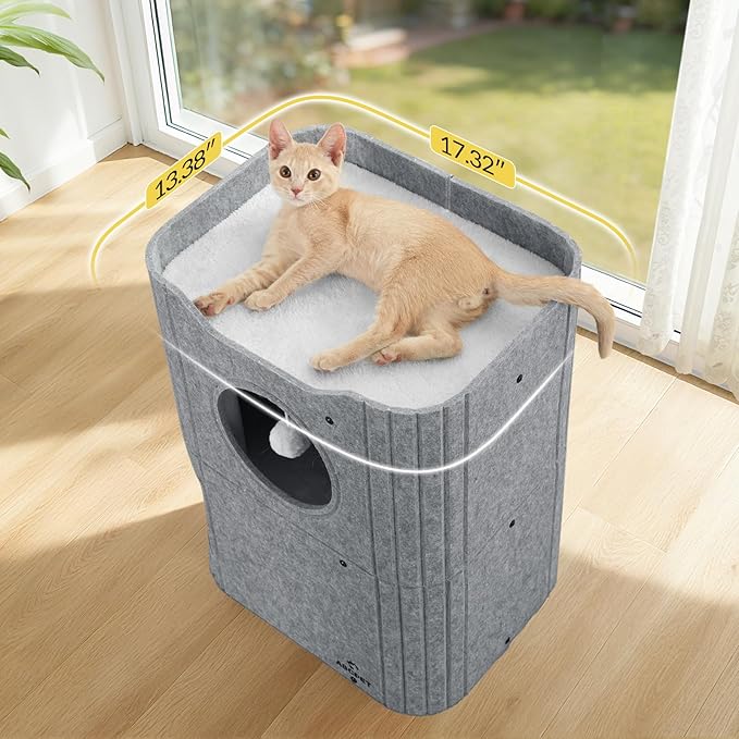 Cat House for Indoor Cats, 2-Storey Cat Bed Cave, Felt Cat Hideaway Condo with Resistant Scratching Freedom Kitten Cube for Multicats Gray