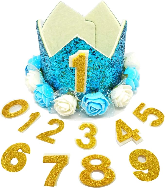 PET SHOW Blue Crown Dog Birthday Hat for Boys Male Pets Cat Headband With Figures 0-9 Charms and Glue Party Accessories Pack of 1
