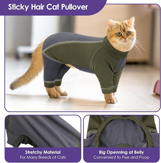 SUNFURA Hair Sticky Cat Clothes, Cat Sweater for Cats Only, 4-Legged Fleece Sweaters Kitten Pajamas Reduce Shedding Fur, Warm Pullover Shirts for Cats, Army Green L