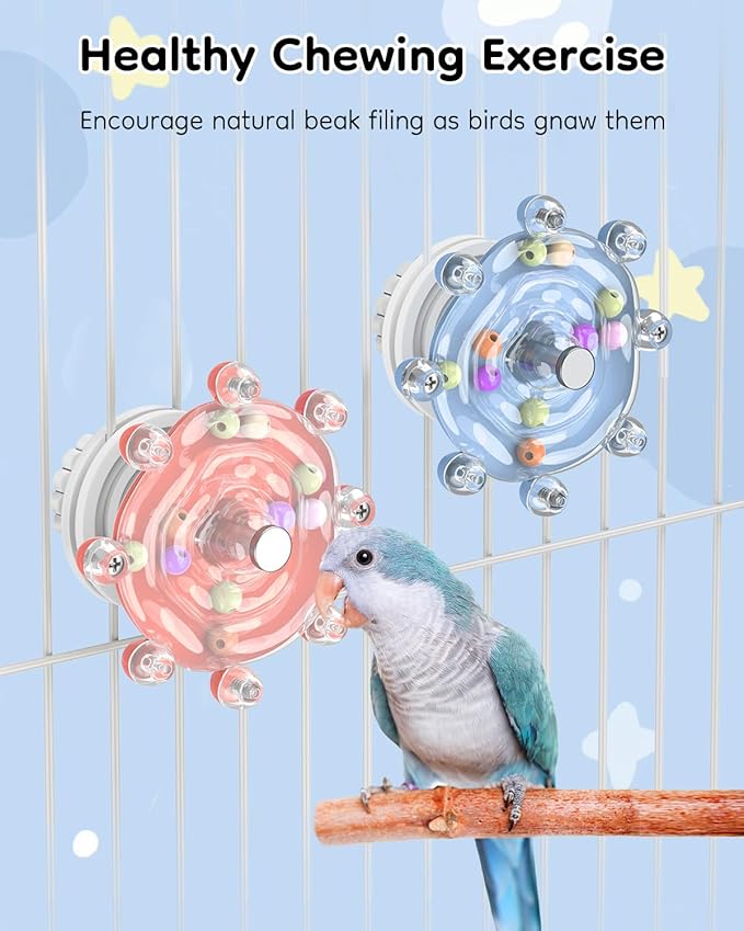 Pawfly 2 Pcs Bird Toys for Parakeets, Spinning Wheel Chew Toys, Interactive Spinner Rattle Parrot Toys, Cockatiel Toys, Bird Cage Accessories for Entertainment Chewing Exercise, Blue & Pink