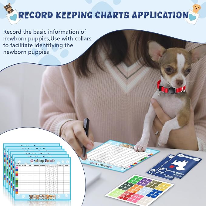 Puppy Whelping Supplies Kit Include 12 Puppy Shot Record Booklets 6 Record Keeping Charts 12 Coloured Soft Nylon Puppy Id Collars Newborn Adjustable Breakaway with 2 ID Sticker Identification Pets