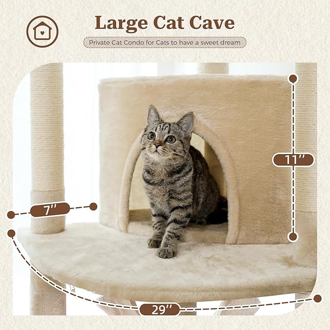 PETEPELA Floor to Ceiling Cat Tree, 92.9''-101.6''Height Adjustable Cat Tower Tall Cat Climbing Play House, Cozy Condo, Scratching Post and Spacious Hammock for Indoor Cats Large Adult, Beige