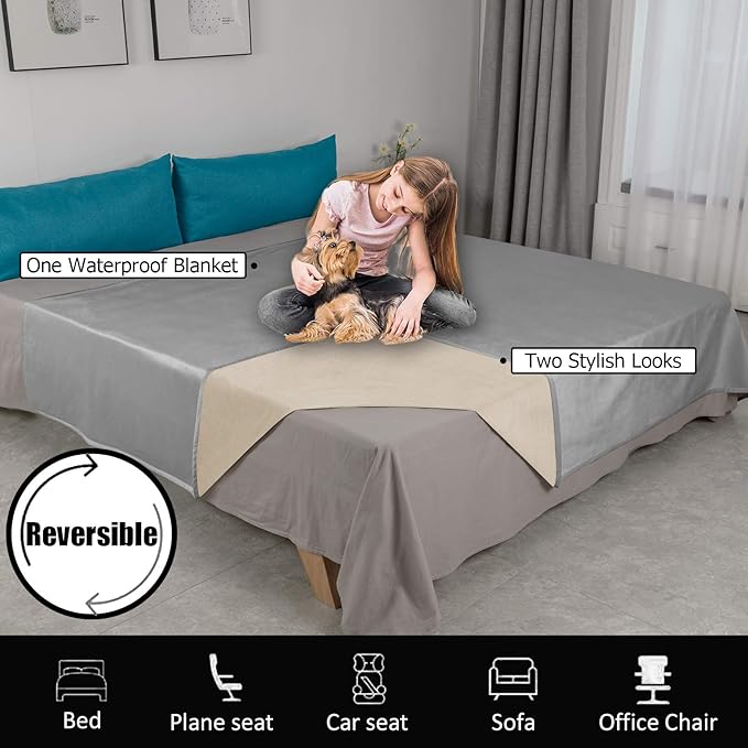 Ameritex Pet Bed Blanket Reversible 100% Waterproof Velvet Super Soft for Sofa and Bed (82x102 Inches, Light Grey+Beige)