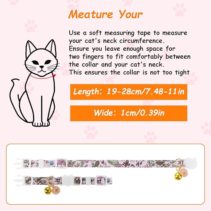 2 Pack Cotton Breakaway Cat Collars with Bell and Daisy Charm - Cute Kitten Cat Collar for Girl Cats and Boys, Adjustable Size 7.5-11 Inch