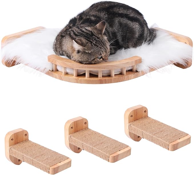 Cat Shelves - 3-Step Wall Climbing Set with Plush Bed, Ideal for Large Cats - RubberWood