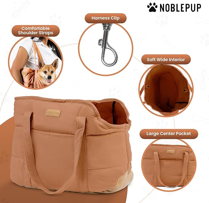 Plush Dog Purse Carrier for Small Dogs, Soft Dog Tote Bag with Safety Harness Clip, Cozy Pet Carrier for Dogs Under 15 lbs, Comfortable Dog Shoulder Carrier for Travel, Brown