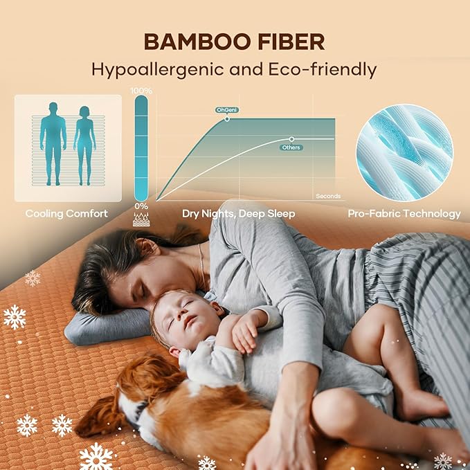 OhGeni 100% Waterproof Mattress Protector,Queen Size Mattress Soft Pad,Pet Hair & Bedwetting Resistant,Cooling Breathable Fitted Sheets,Washable Bed Cover,Non-Slip Deep Pocket,Noiseless,Orange