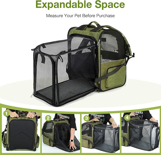 Lekebobor Large Cat Backpack Carrier Expandable Pet Carrier Backpack for Small Dogs Medium Cats Fit Up to 18 Lbs, Dog Backpack Carrier, Foldable Puppy Backpack Carrier for Travel, Hiking,Dark Green