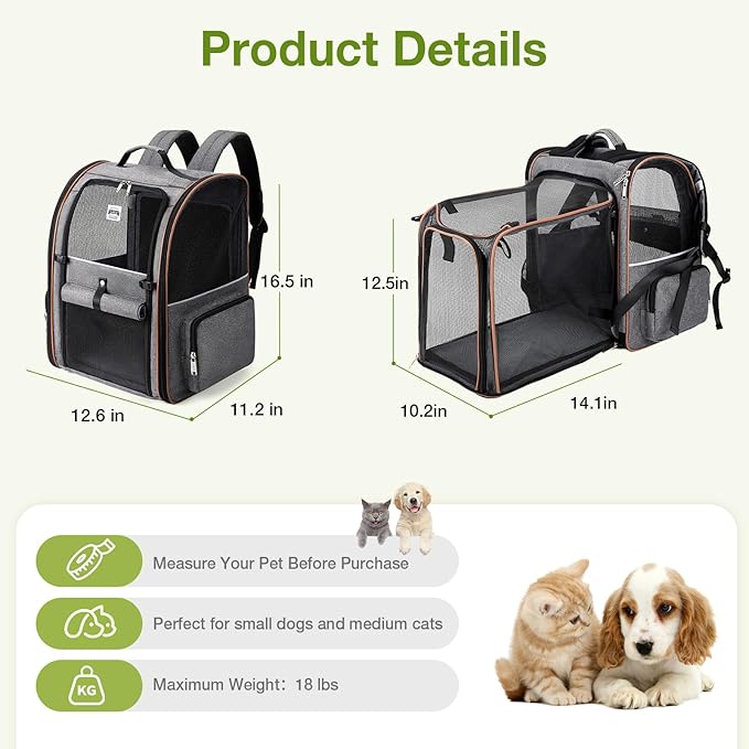Lekebobor Cat Carrier Backpack, Expandable Pet Carrier with Sun Shade & Full Front Opening, Breathable Mesh Backpack for Small Dogs & Medium Cats Up to 18 Lbs, Foldable for Hiking, Camping (Grey)