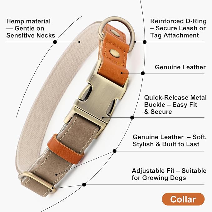 Plutus Pet Genuine Leather & Hemp Dog Collar – Adjustable Heavy Duty Pet Collar with Quick Release Metal Buckle, Soft & Stylish for Puppy and Small, Medium, Large Dogs (Ash Brown, S)