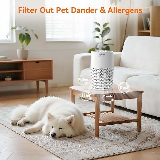 AIRROMI Pets Air Purifier for Home Allergies,Up to 660 ft². HEPA Deodorizing Activated Carbon Filter,With Fragrance Sponge for Better Sleep,Night Light,Pet Dander,Smoke,Odors,Air Cleaner A2002 White