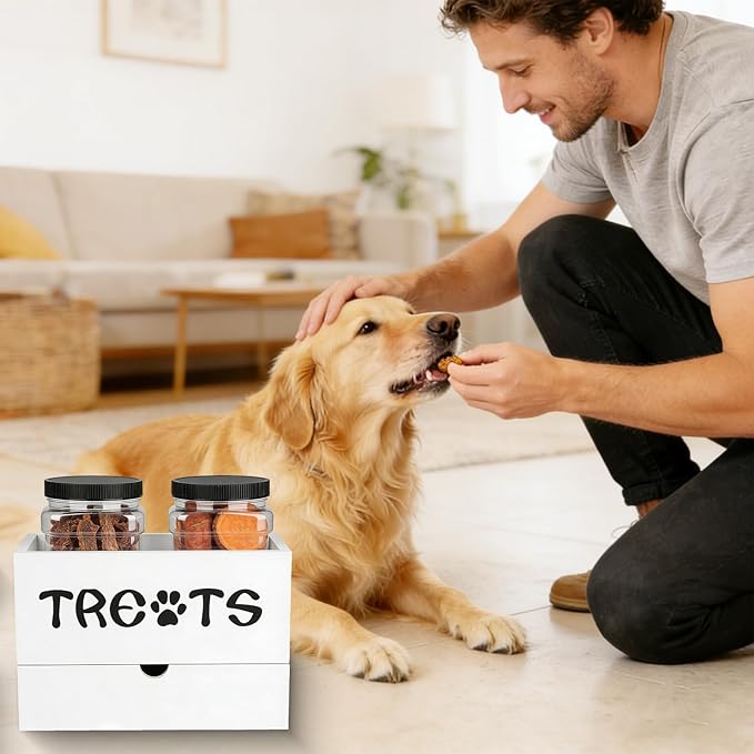 Dog Treat Jar for Countertop, 9.8 * 5.1 * 6'' 2 Layer Dog Treat Container with Drawer 2Jars and Sticker Wooden Pet Food Organizer Storage Basket For Pets Great Gift for Pets' Owners (White)