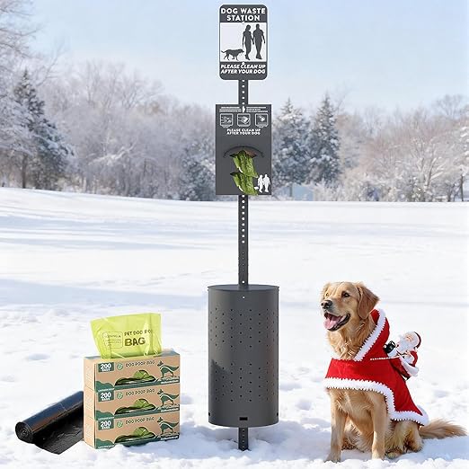 Dog Waste Station Outdoor, Pet Waste Disposal Station Rustproof Aluminum with 10 Gallon Trash Can, 600 Dog Poop Bags & 50 Liners for Parks, Trails, HOA Communities (Black)