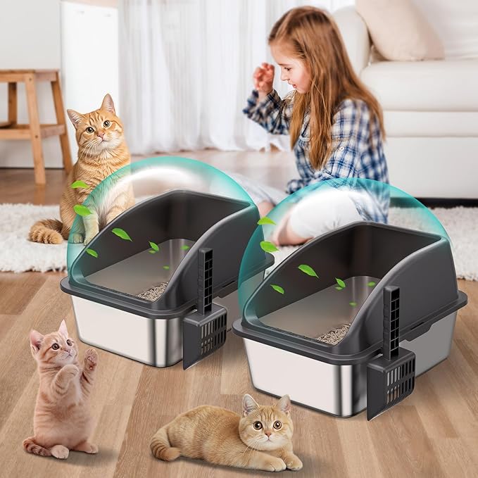2PACK Stainless Steel Cat Litter Box,Large Litter Box with High Sides for Small Multiple Cats,Kittens,Metal Kitty Litter Boxes with Anti-Leak Lid,Non-Stick,Odorless,Easy to Clean,Scoop Included