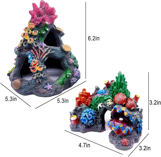Tfwadmx Aquarium Coral Decoration Resin Fish Tank Hiding Mountain Cave Betta Hideaway House Rock Reef Ornament, 2 Pack.