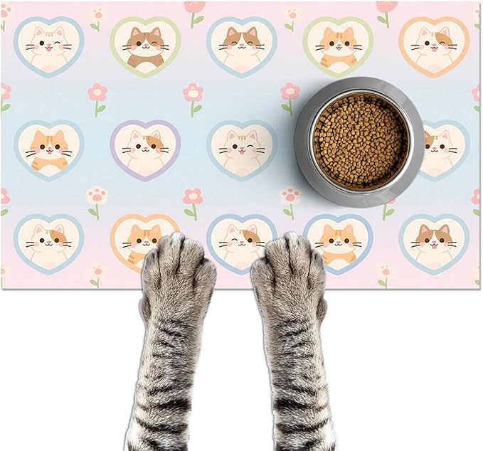 Cat Feedings Mats 20x12 inch Pastel Heart Kitten Print Pet Bowl Placemat Non Slip Mat for Dog Food and Water Indoor Kitty Feeding Station Cute Cats Meal Mat for Small Pets Kitchen Floor Use