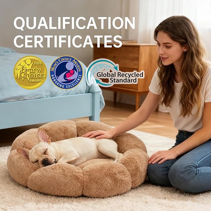 OhGeni 27 inches Calming Donut Dog & Cat Bed for Medium Pets, Warming Comfort Fluffy Short Pile Fur, Durable Machine Washable, Cute Round Bed for Puppy and Kitten, Camel